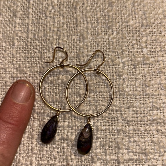 Gold Hoops with Purple Gemstone Drop - Picture 4 of 4